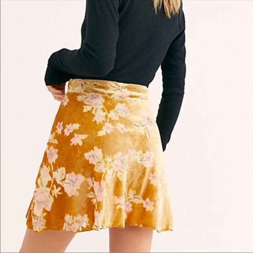 Free People Golden Mustard Floral Velvet Mini Skirt